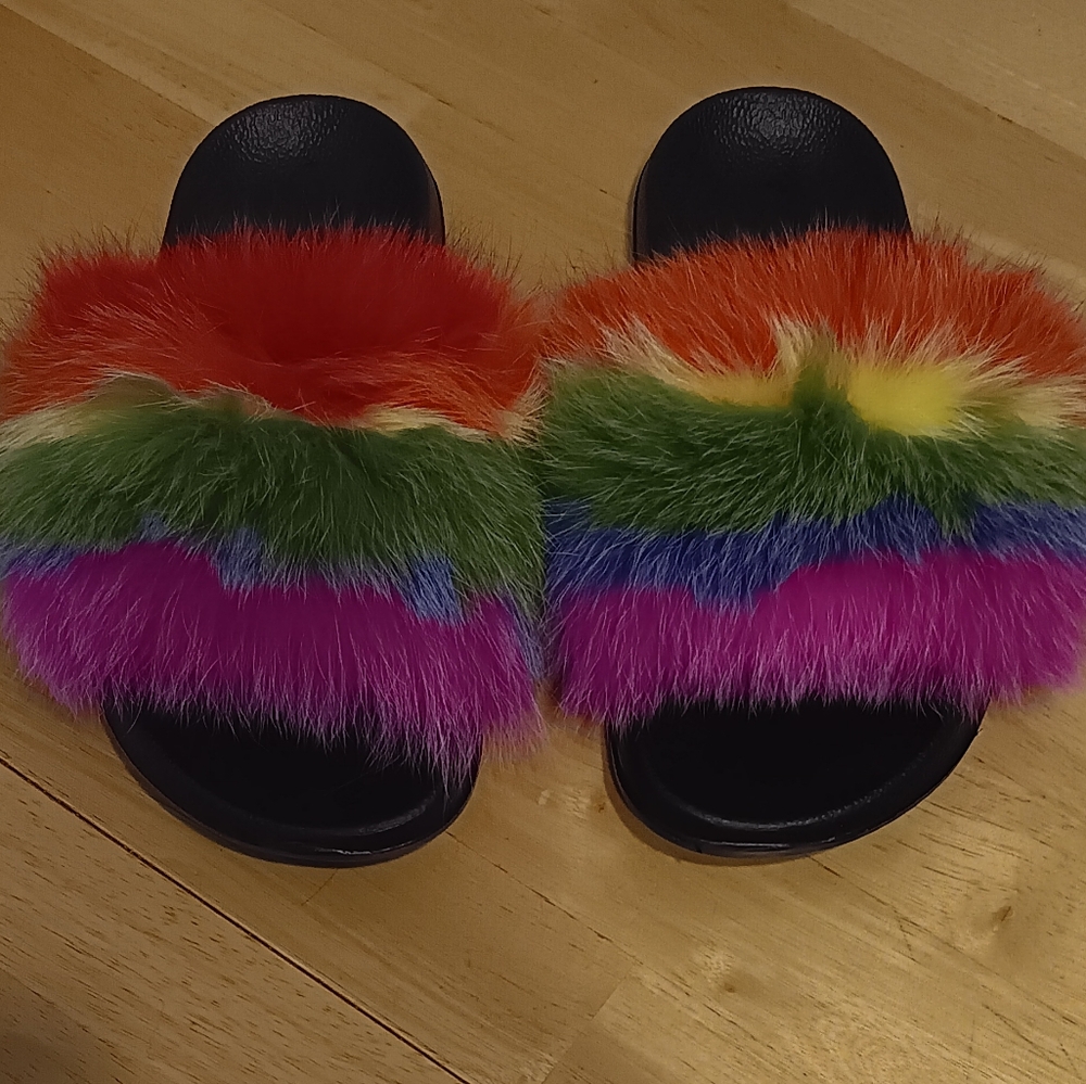 NEW Multi-Colored Faux Fur Slides